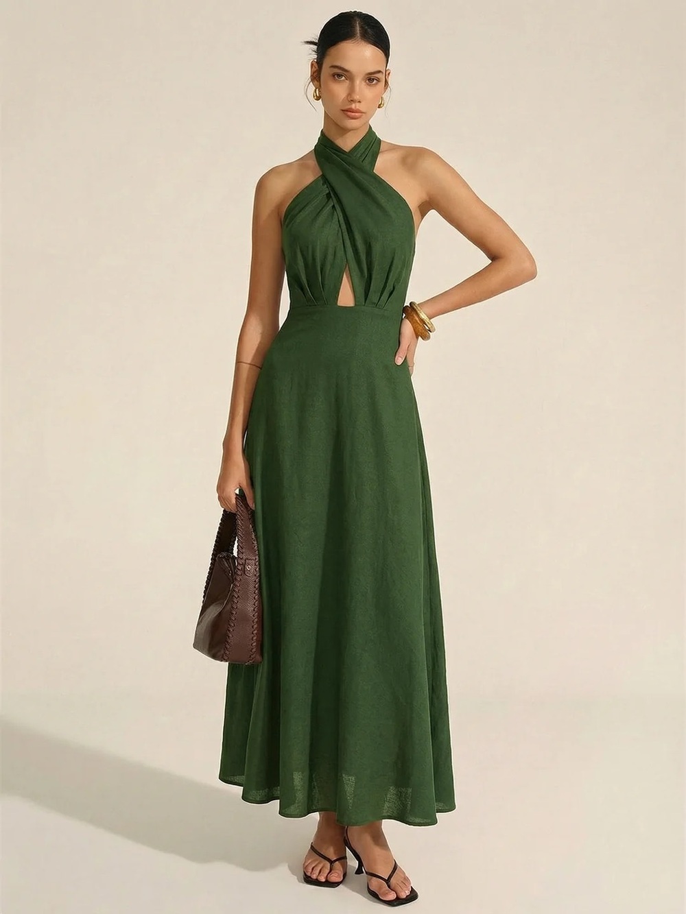 Commense Dark Green Crisscross Halter Maxi Dress